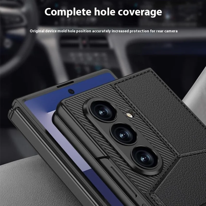 GKK Für Samsung Galaxy Z Fold7 5G Hülle PC + PU Leder Handyhülle mit Kartenhalter Ständer, Schutzfolie - Karbonfaser-Textur