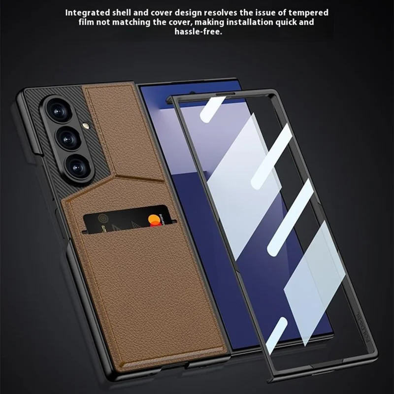 GKK Für Samsung Galaxy Z Fold7 5G Hülle PC + PU Leder Handyhülle mit Kartenhalter Ständer, Schutzfolie - Karbonfaser-Textur