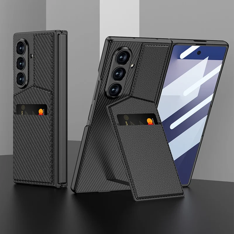 GKK Für Samsung Galaxy Z Fold7 5G Hülle PC + PU Leder Handyhülle mit Kartenhalter Ständer, Schutzfolie - Karbonfaser-Textur