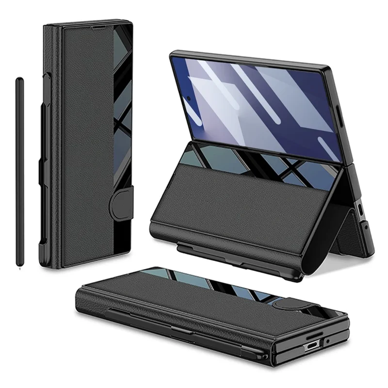 GKK Für Samsung Galaxy Z Fold7 5G Ständer Hülle mit Stifthalter PC + PU Leder Flip Handyhülle mit Displayschutz - Schwarz
