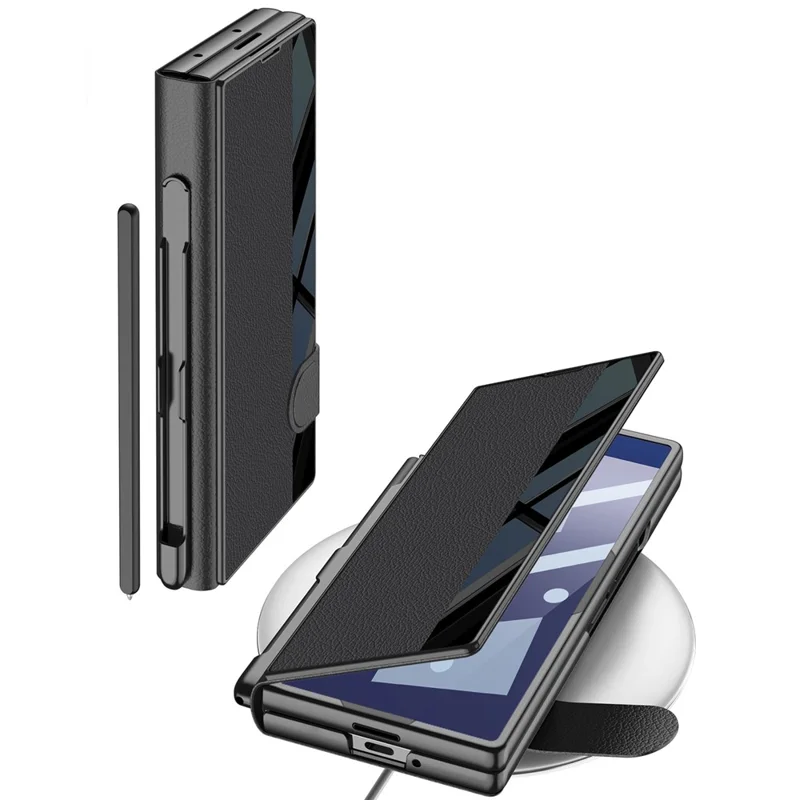 GKK Für Samsung Galaxy Z Fold7 5G Ständer Hülle mit Stifthalter PC + PU Leder Flip Handyhülle mit Displayschutz - Schwarz