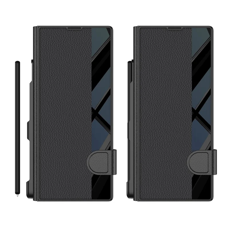 GKK Für Samsung Galaxy Z Fold7 5G Ständer Hülle mit Stifthalter PC + PU Leder Flip Handyhülle mit Displayschutz - Schwarz