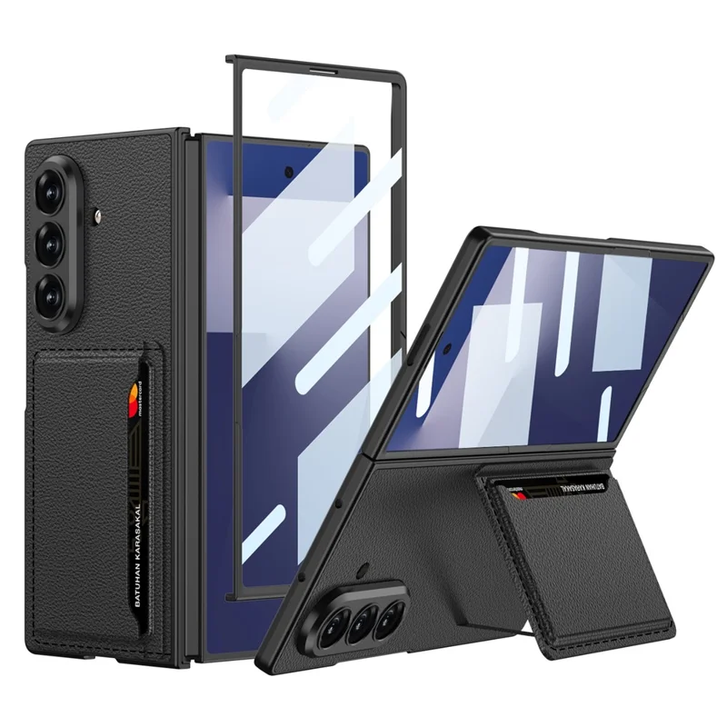 GKK For Samsung Galaxy Z Fold7 5G Phone Case Card Holder Kickstand PU Leather Back Cover with Screen Film - Black