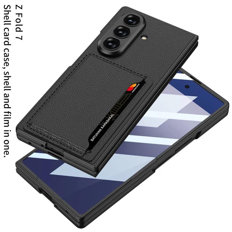 GKK For Samsung Galaxy Z Fold7 5G Phone Case Card Holder Kickstand PU Leather Back Cover with Screen Film - Black