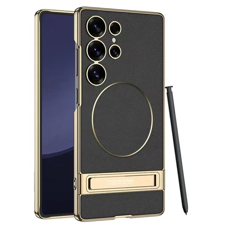 GKK For Samsung Galaxy S23 Ultra Case Electroplating PU + PC Kickstand Phone Cover - Black
