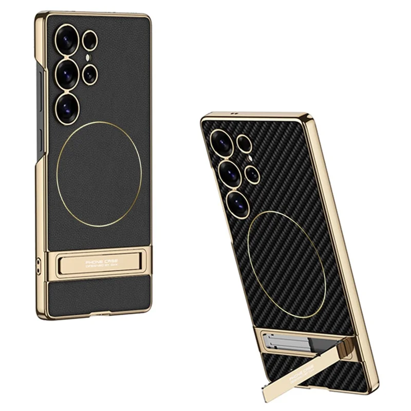 GKK For Samsung Galaxy S23 Ultra Case Electroplating PU + PC Kickstand Phone Cover - Black