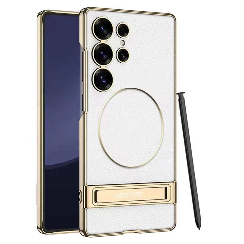 GKK For Samsung Galaxy S24 Ultra Case Electroplating PU + PC Kickstand Phone Cover - White