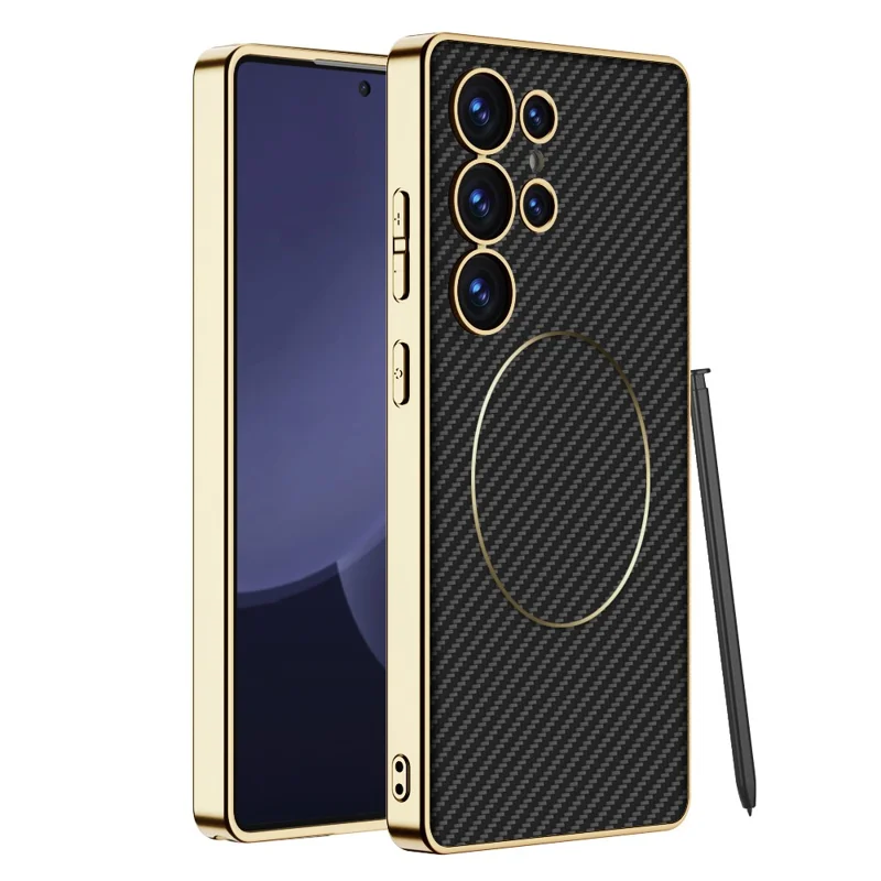 GKK For Samsung Galaxy S24 Ultra Case Electroplating PU + PC + TPU Phone Cover Support Wireless Charging - Carbon Fiber Texture