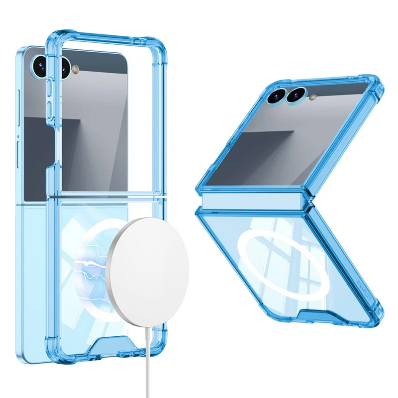 GKK Pour Samsung Galaxy Z Flip7 5G Étui Coussin Antichoc TPU + Coque de Téléphone en Acrylique Compatible avec Charge Sans Fil - Bleu Transparent