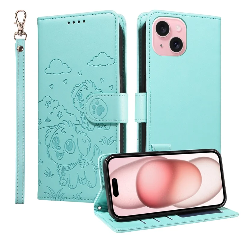 For iPhone 15 Case RFID Blocking Imprinted Dog Pattern PU Leather Phone Cover with Wrist Strap - Green
