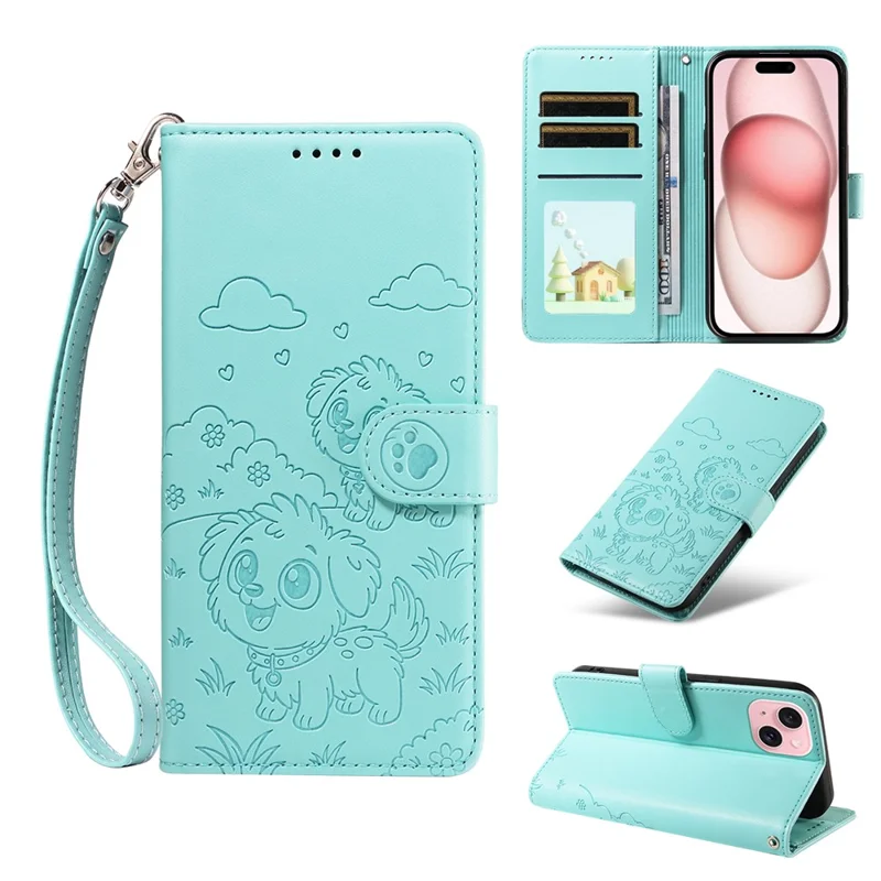 For iPhone 15 Case RFID Blocking Imprinted Dog Pattern PU Leather Phone Cover with Wrist Strap - Green