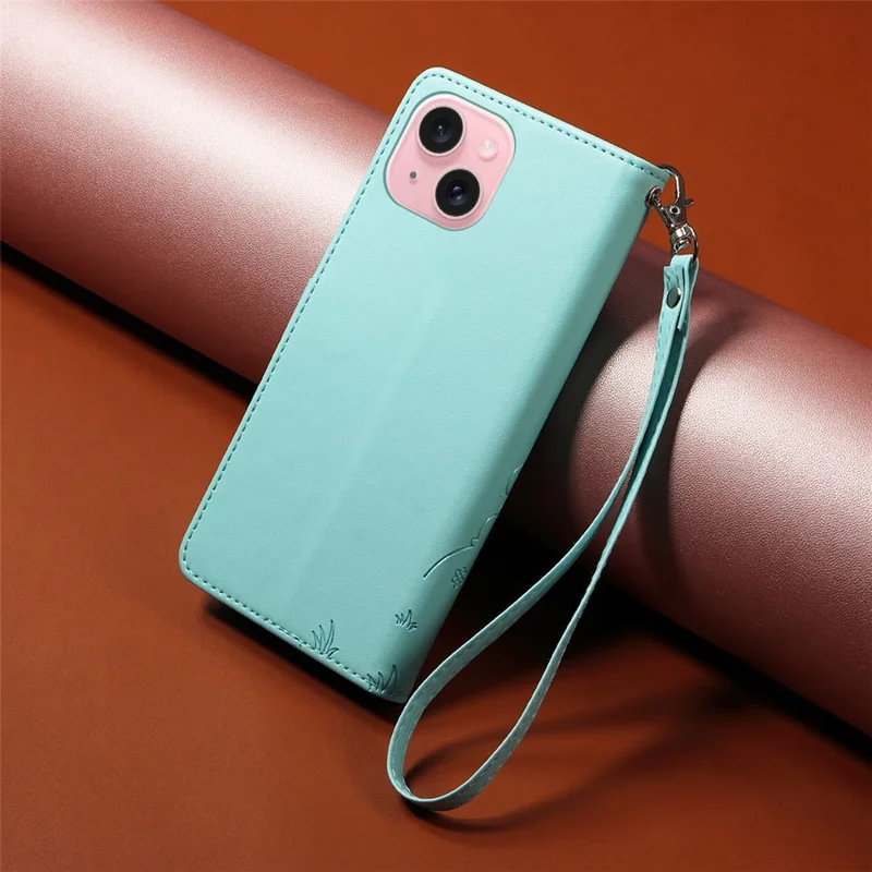 For iPhone 15 Case RFID Blocking Imprinted Dog Pattern PU Leather Phone Cover with Wrist Strap - Green