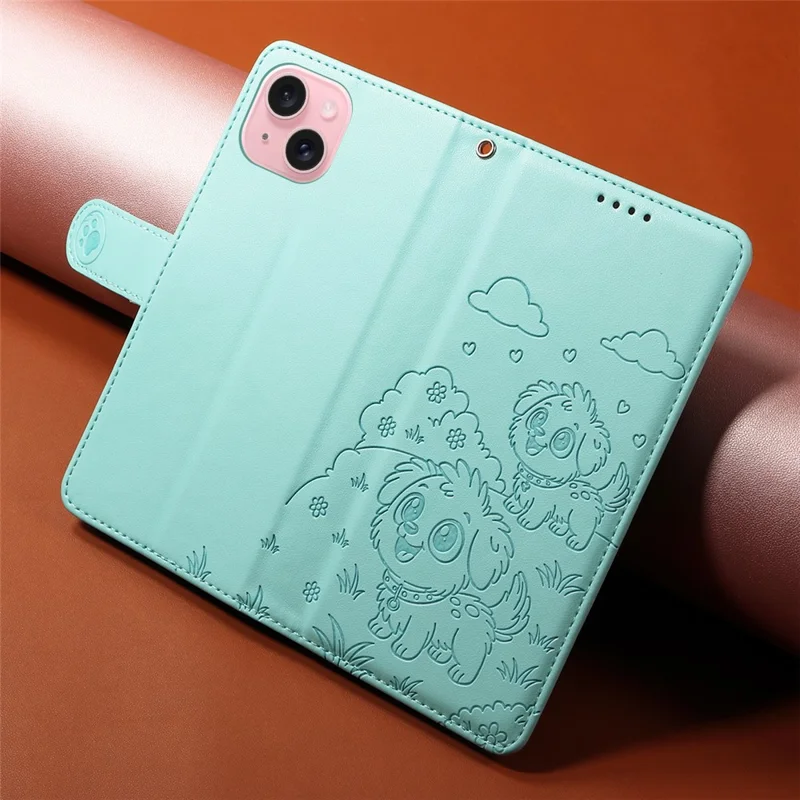For iPhone 15 Case RFID Blocking Imprinted Dog Pattern PU Leather Phone Cover with Wrist Strap - Green