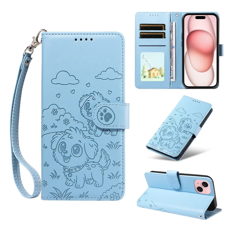 For iPhone 15 Case RFID Blocking Imprinted Dog Pattern PU Leather Phone Cover with Wrist Strap - Blue