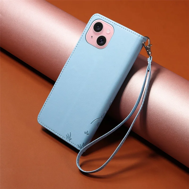 For iPhone 15 Case RFID Blocking Imprinted Dog Pattern PU Leather Phone Cover with Wrist Strap - Blue