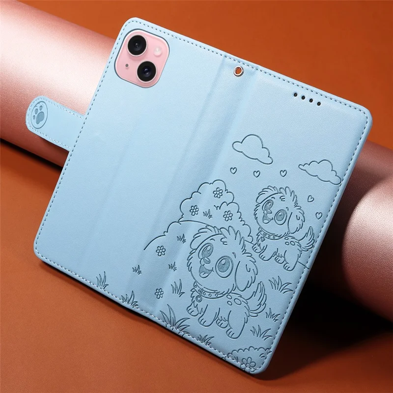 For iPhone 15 Case RFID Blocking Imprinted Dog Pattern PU Leather Phone Cover with Wrist Strap - Blue