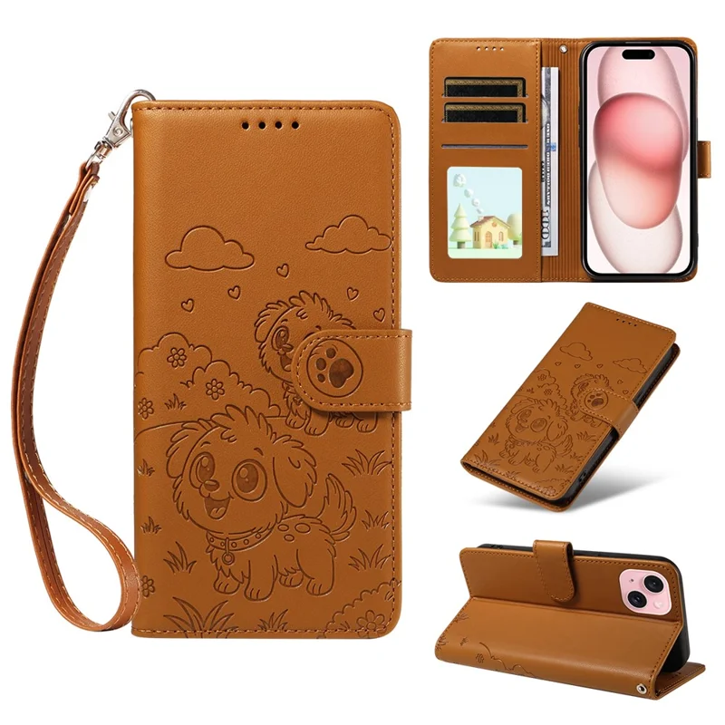 For iPhone 15 Case RFID Blocking Imprinted Dog Pattern PU Leather Phone Cover with Wrist Strap - Brown
