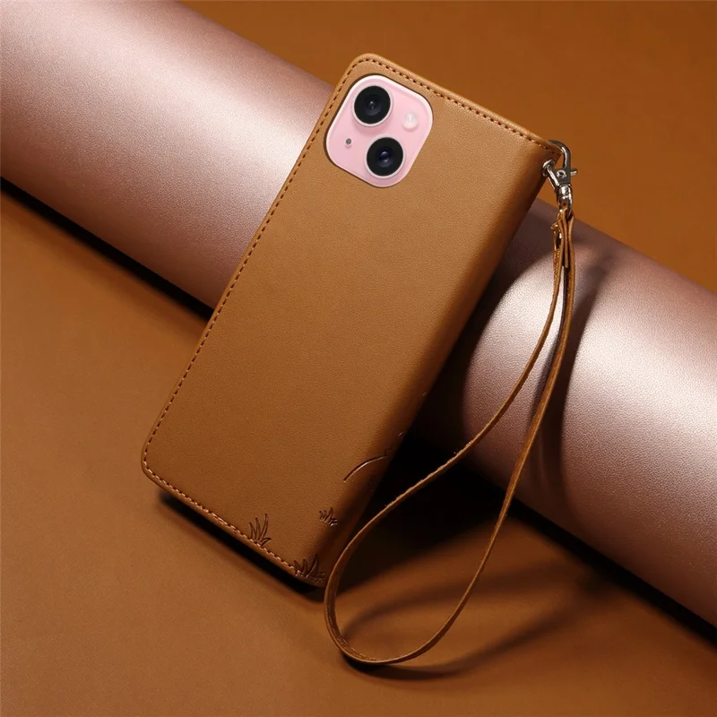 For iPhone 15 Case RFID Blocking Imprinted Dog Pattern PU Leather Phone Cover with Wrist Strap - Brown