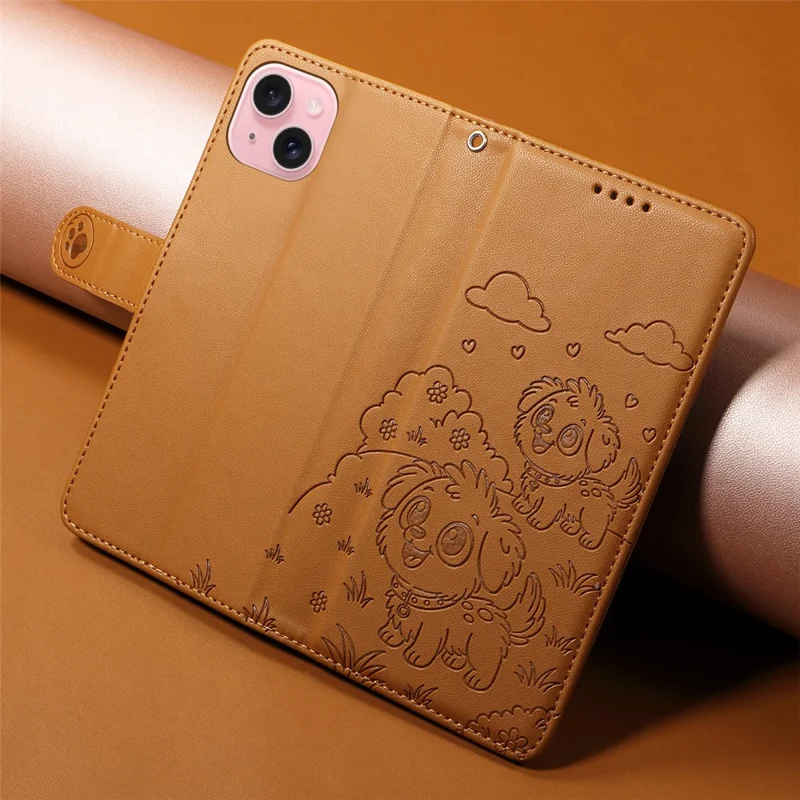 For iPhone 15 Case RFID Blocking Imprinted Dog Pattern PU Leather Phone Cover with Wrist Strap - Brown