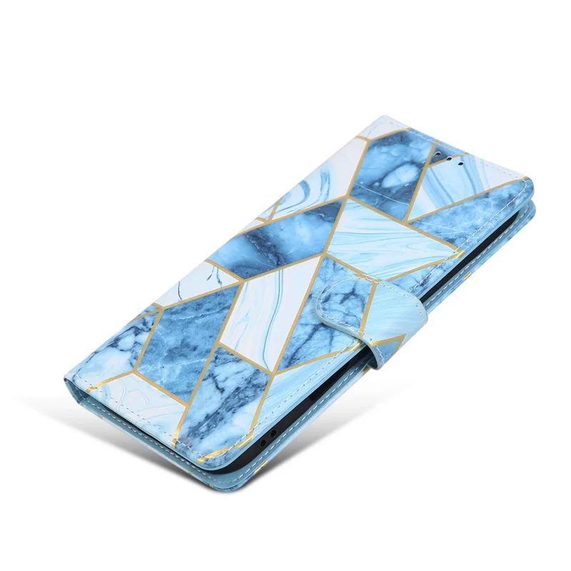 Cover per iPhone 17 con Custodia in Pelle Effetto Marmo Laccato con Cinturino da Polso - Blu