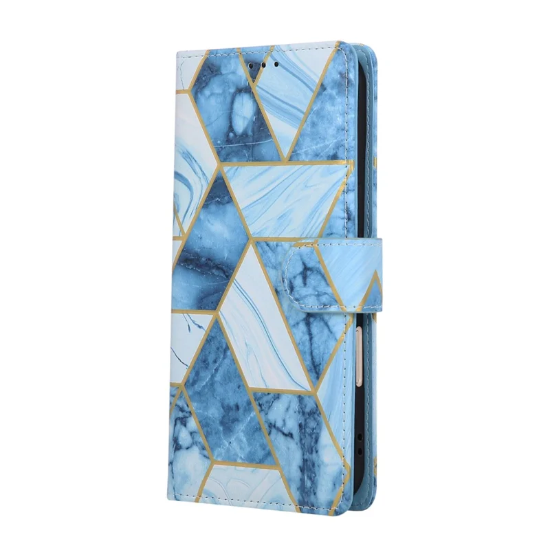 Cover per iPhone 17 con Custodia in Pelle Effetto Marmo Laccato con Cinturino da Polso - Blu