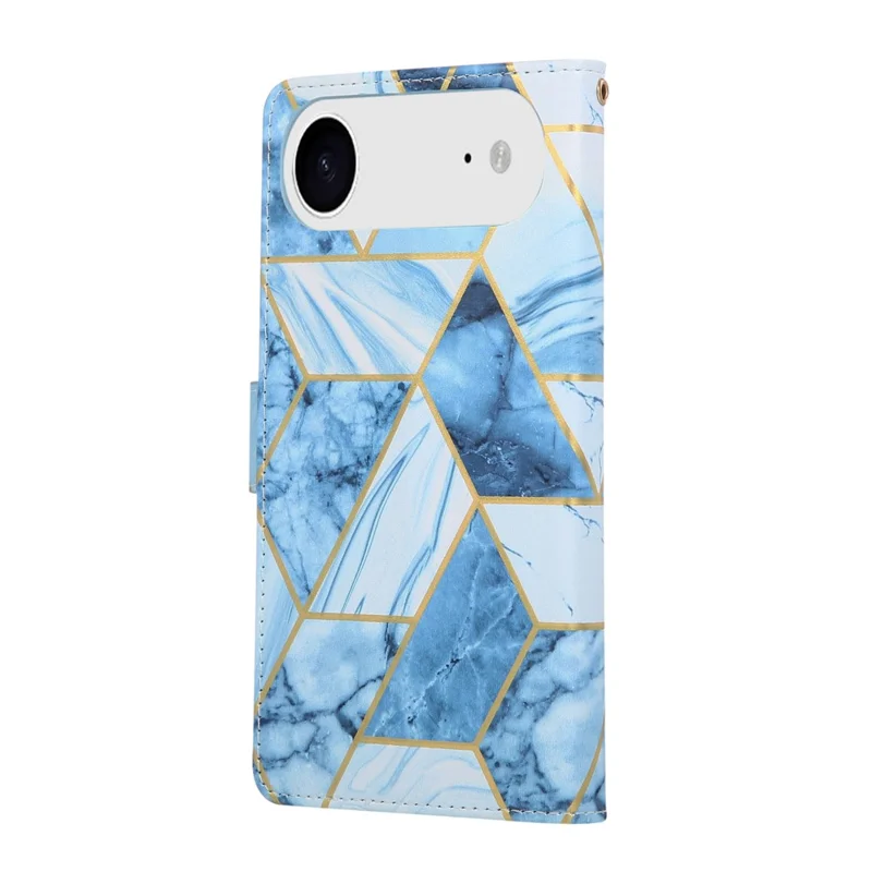 Cover per iPhone 17 con Custodia in Pelle Effetto Marmo Laccato con Cinturino da Polso - Blu