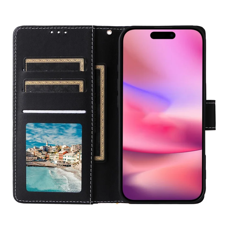 For iPhone 17 Case Lacquered Marble Pattern Leather Phone Cover with Wrist Strap - Black