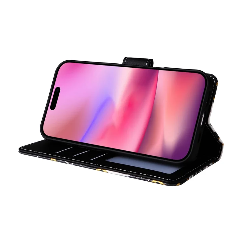 For iPhone 17 Case Lacquered Marble Pattern Leather Phone Cover with Wrist Strap - Black