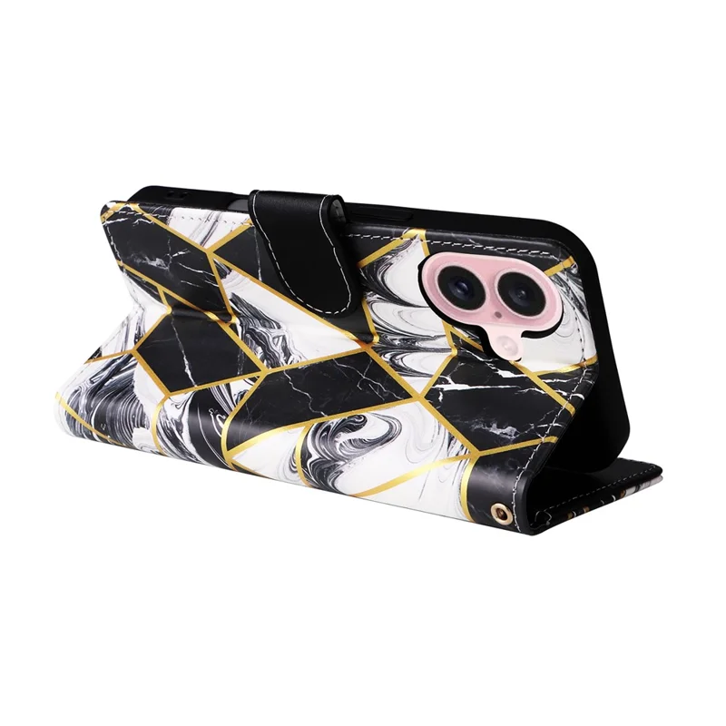 For iPhone 17 Case Lacquered Marble Pattern Leather Phone Cover with Wrist Strap - Black