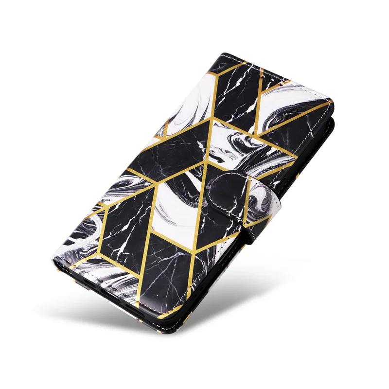 For iPhone 17 Case Lacquered Marble Pattern Leather Phone Cover with Wrist Strap - Black