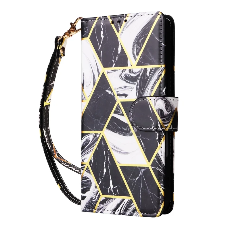 For iPhone 17 Case Lacquered Marble Pattern Leather Phone Cover with Wrist Strap - Black