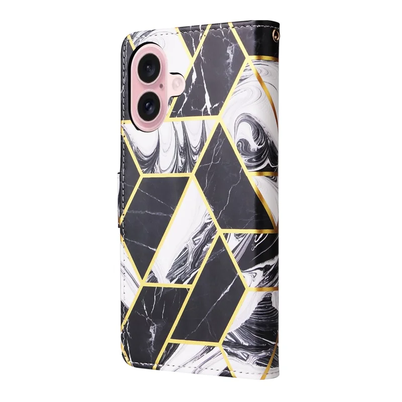 For iPhone 17 Case Lacquered Marble Pattern Leather Phone Cover with Wrist Strap - Black