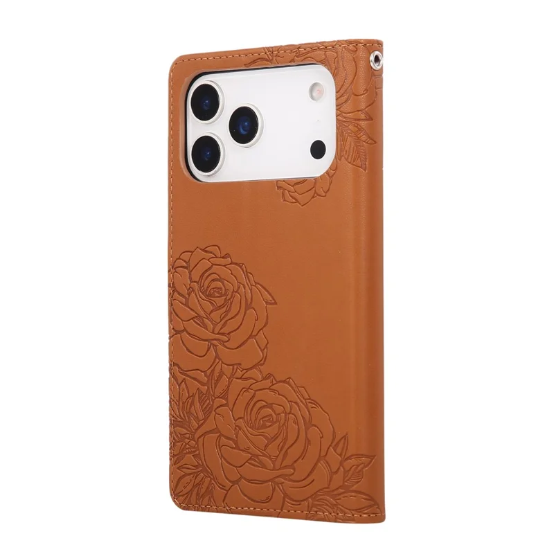 Étui pour iPhone 17 Pro Max en cuir PU motif fleur rose avec 3 emplacements pour cartes / Dragonne - Marron
