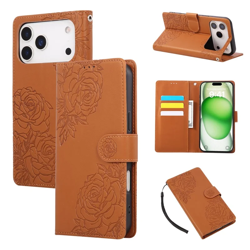 Für iPhone 17 Pro Hülle Rosenblume PU-Leder Portemonnaie Handyhülle mit 3 Kartenfächern / Handschlaufe - Braun