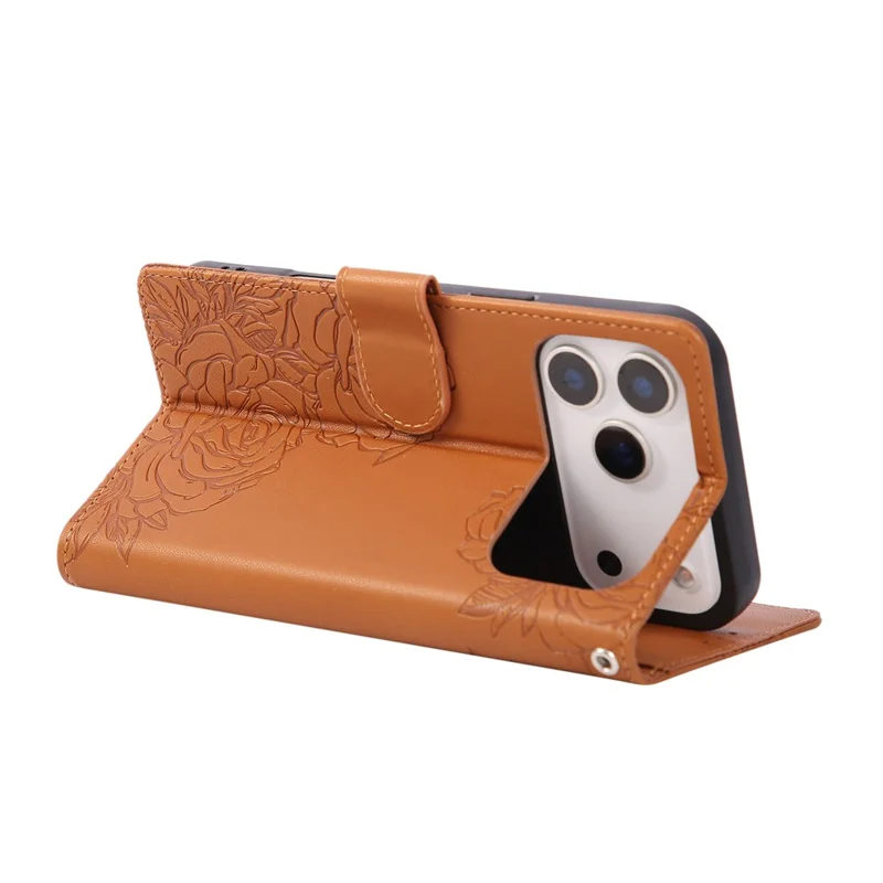 Für iPhone 17 Pro Hülle Rosenblume PU-Leder Portemonnaie Handyhülle mit 3 Kartenfächern / Handschlaufe - Braun