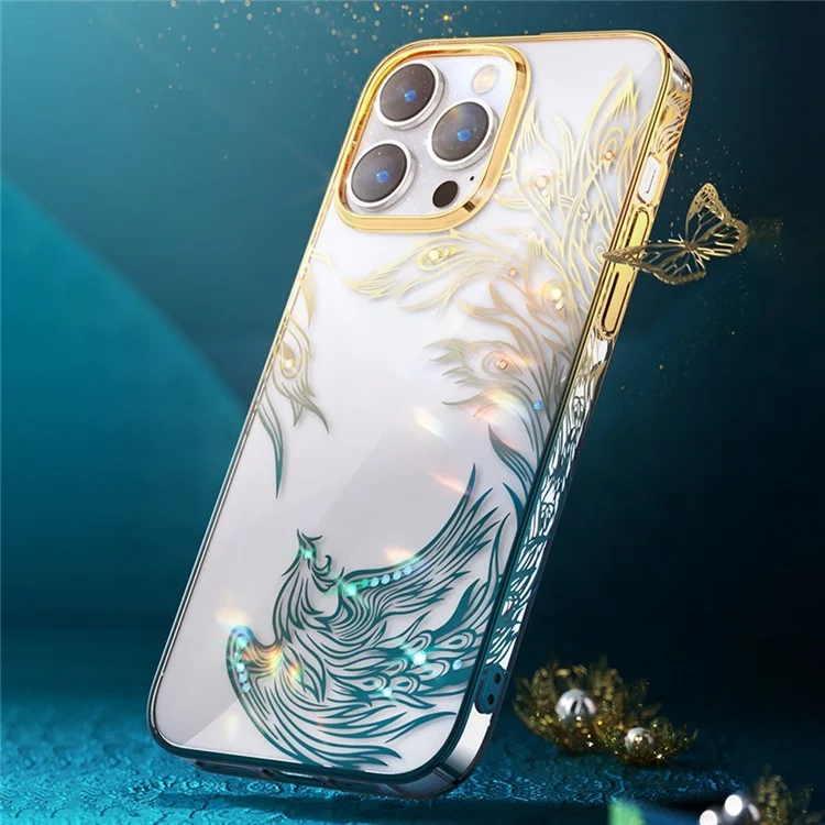 Kingxbar Phoenix -serie Für Iphone 14 Pro Strasson Dekor Klare Rückdecke Laserschnitzer Elektroplieren Hartes PC Schockdes Telefongehäuse - Neues Leben
