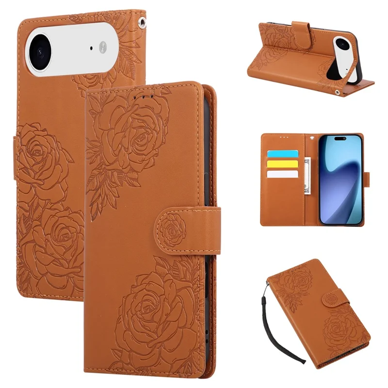 Für iPhone 17 Air Case Rosen-Blumen PU-Leder Geldbörsen-Handyhülle mit 3 Kartenfächern / Handschlaufe - Braun