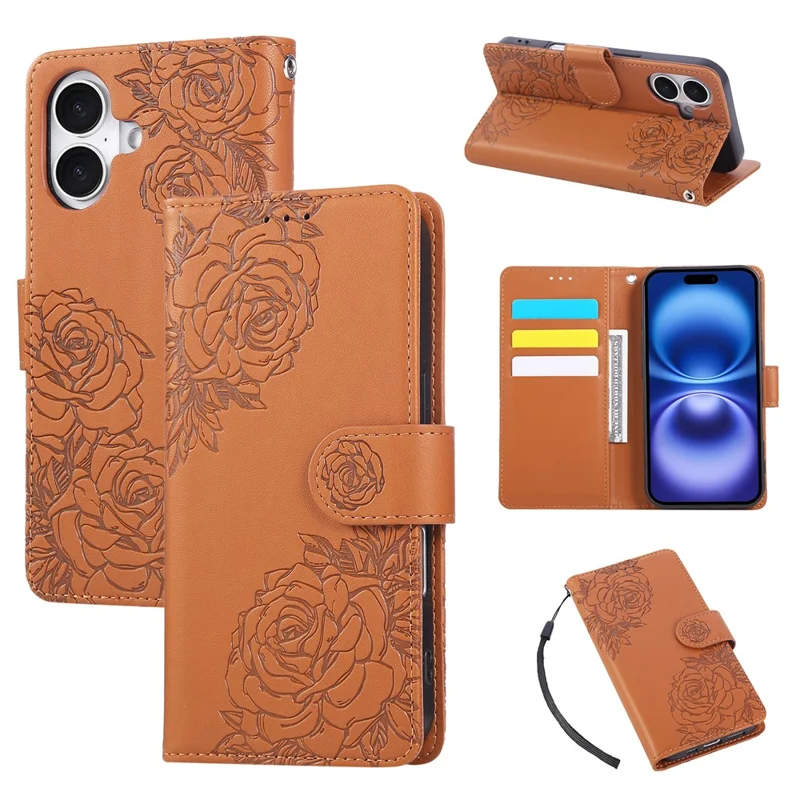 Capa para iPhone 17 com Flor Rosa em Couro PU com Carteira, 3 Compartimentos para Cartão / Alça de Pulso - Marrom