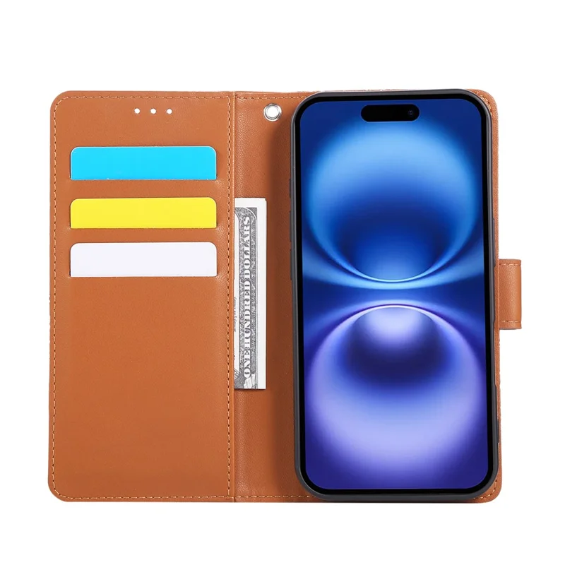 Capa para iPhone 17 com Flor Rosa em Couro PU com Carteira, 3 Compartimentos para Cartão / Alça de Pulso - Marrom