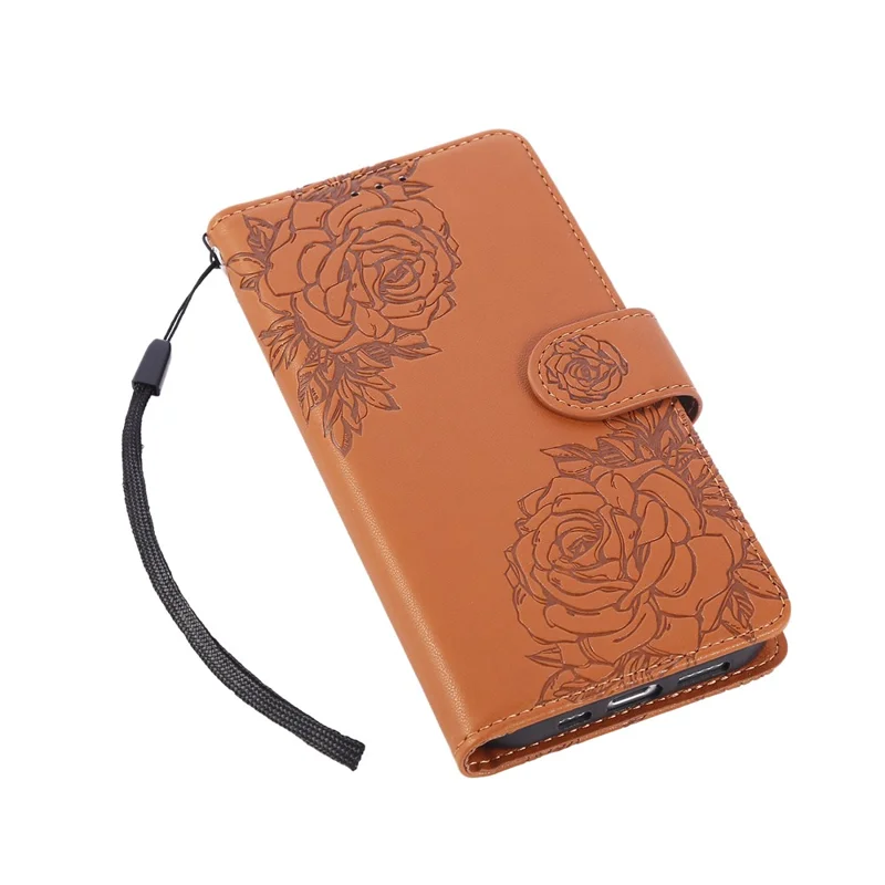 Capa para iPhone 17 com Flor Rosa em Couro PU com Carteira, 3 Compartimentos para Cartão / Alça de Pulso - Marrom