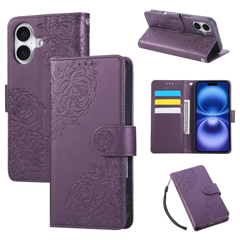 For iPhone 17 Case Rose Flower PU Leather Wallet Phone Cover with 3 Card Slots / Wrist Strap - Dark Purple