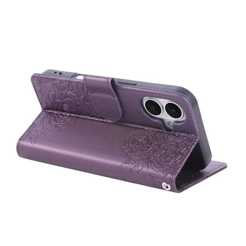 For iPhone 17 Case Rose Flower PU Leather Wallet Phone Cover with 3 Card Slots / Wrist Strap - Dark Purple