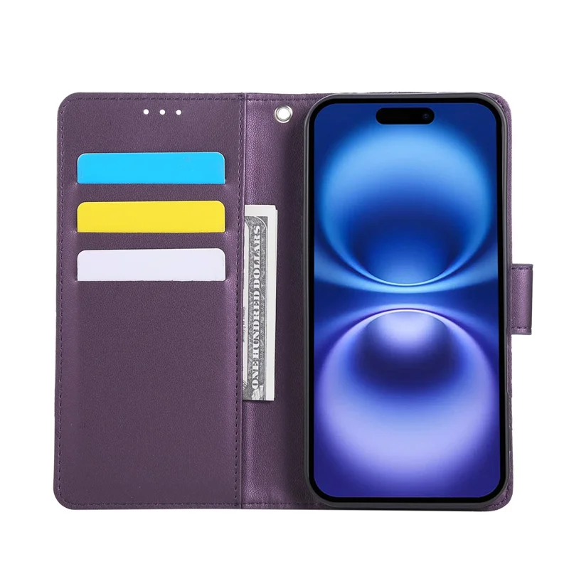For iPhone 17 Case Rose Flower PU Leather Wallet Phone Cover with 3 Card Slots / Wrist Strap - Dark Purple