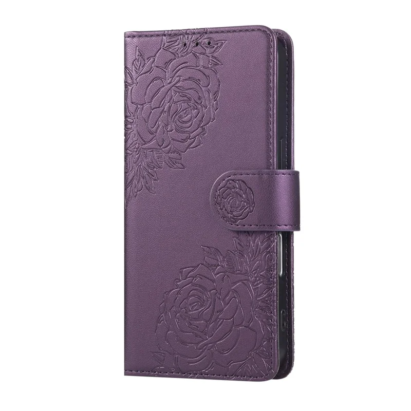 For iPhone 17 Case Rose Flower PU Leather Wallet Phone Cover with 3 Card Slots / Wrist Strap - Dark Purple