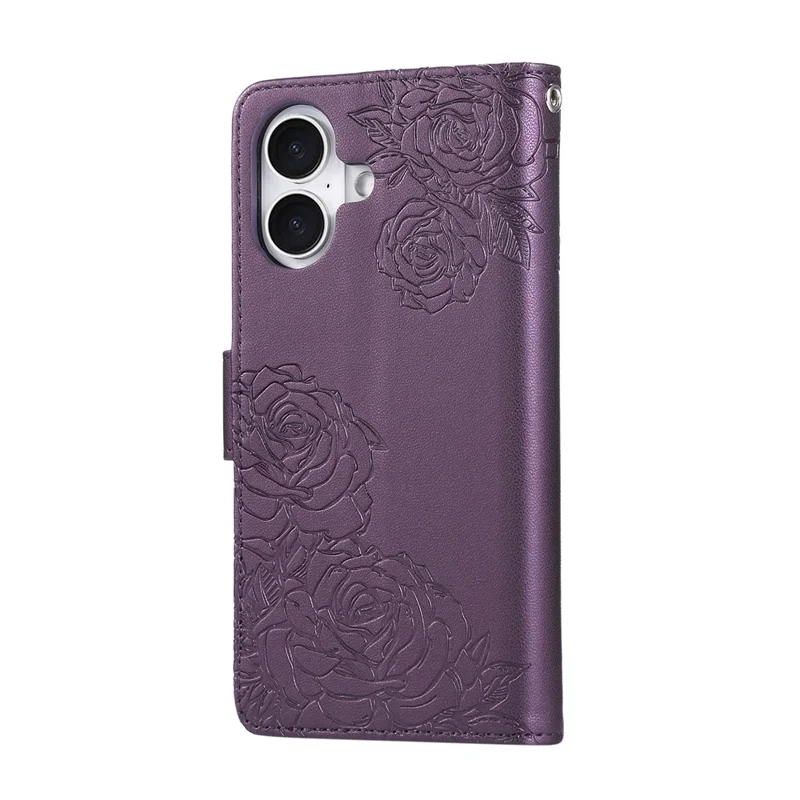 For iPhone 17 Case Rose Flower PU Leather Wallet Phone Cover with 3 Card Slots / Wrist Strap - Dark Purple