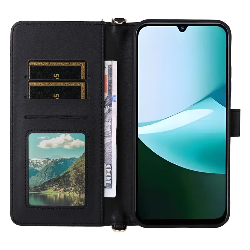 Für Xiaomi Redmi 15C 4G (171mm) Hülle mit Schulter- / Handgelenkband Leder Handyhülle Ständer Geldbörse - Schwarz