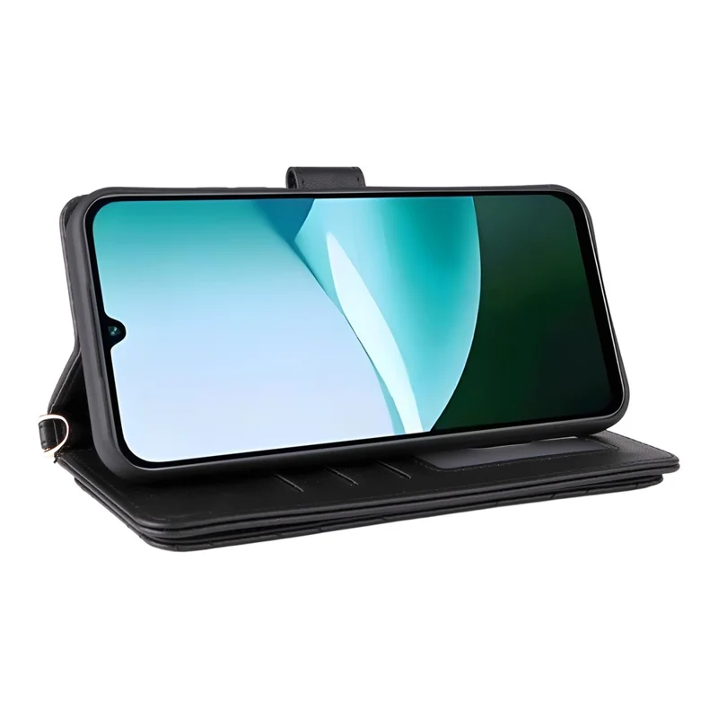 Für Xiaomi Redmi 15C 4G (171mm) Hülle mit Schulter- / Handgelenkband Leder Handyhülle Ständer Geldbörse - Schwarz