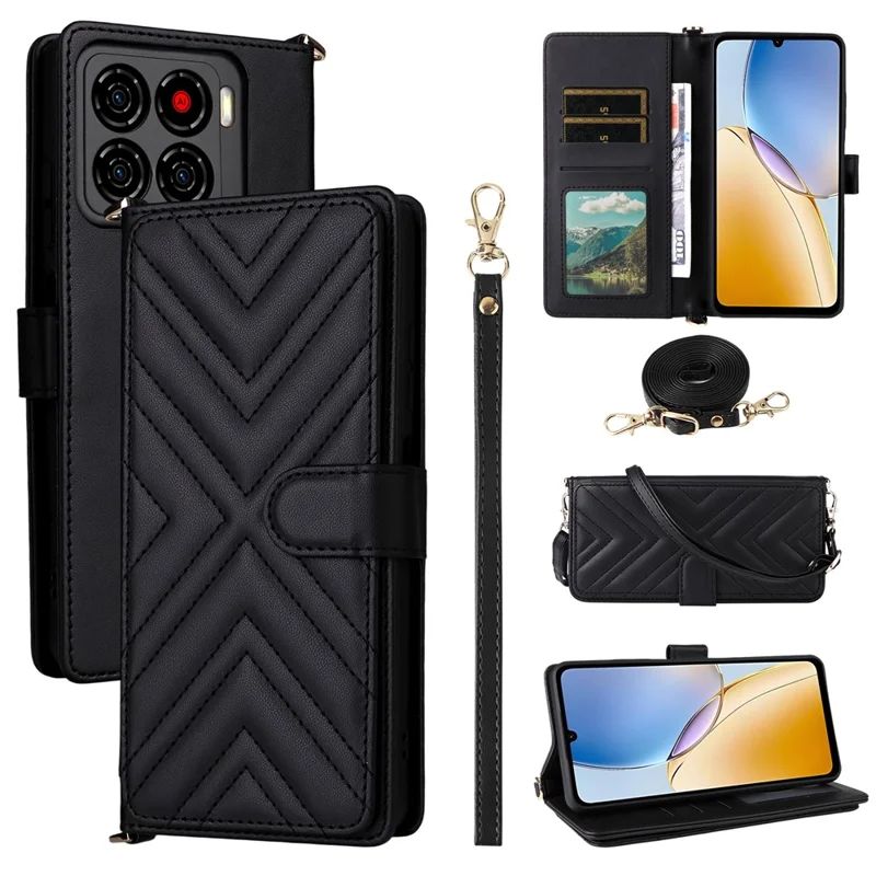 For ZTE Blade A56 Case with Shoulder / Wrist Strap Leather Phone Cover Stand Wallet - Black