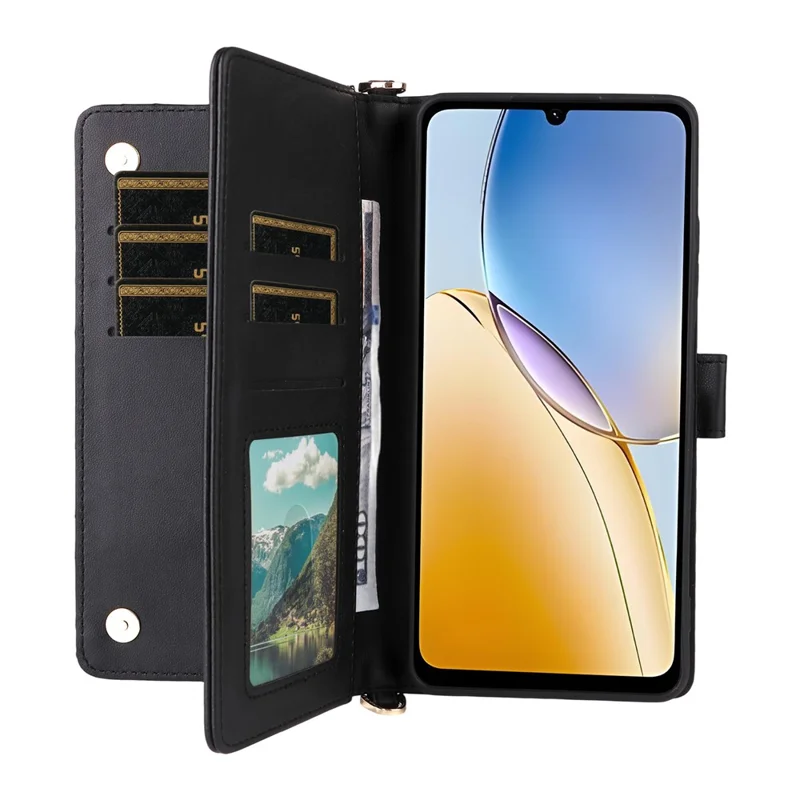 For ZTE Blade A56 Case with Shoulder / Wrist Strap Leather Phone Cover Stand Wallet - Black