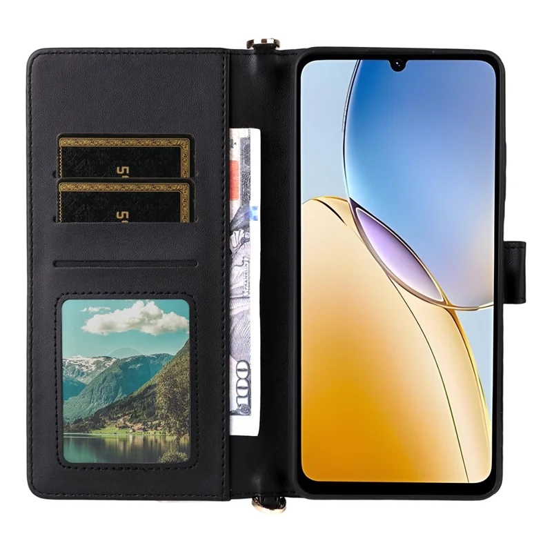 For ZTE Blade A56 Case with Shoulder / Wrist Strap Leather Phone Cover Stand Wallet - Black